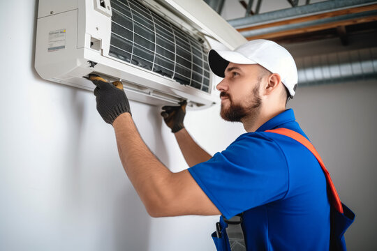 HVAC technician installing a mini split air conditioner in Windsor