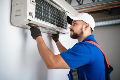 360_F_621046421_Vcay4nYa8ozdeodOQVDfES6MRrC6N3b8 Air conditioning technician servicing a wall-mounted AC unit in Windsor, CO