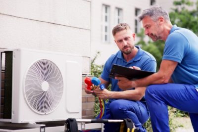 ac-installation-in-claremont-ca HVAC technicians reviewing an outdoor air conditioning unit in Windsor, CO